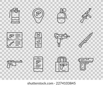 Fijar línea Mauser gun, Pistol or, granada Hand, Comprar arma en aplicación móvil, humo, spray de pimienta, pistola de compra e icono de cuchillo militar. Vector