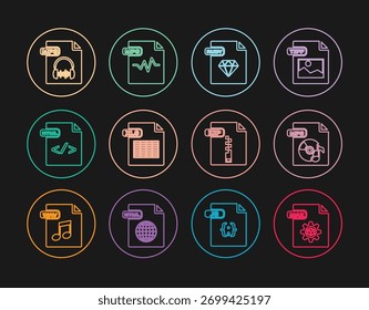 Definir documento de arquivo de linha MAX, MP3, RUBY, XLS, HTML, ZIP e ícone. Vetor