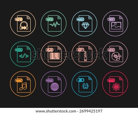 Set line MAX file document, MP3, RUBY, XLS, HTML, ZIP and  icon. Vector