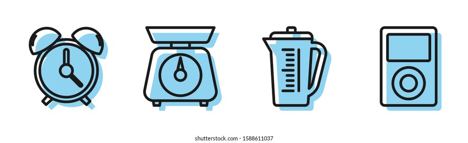 Set line Measuring cup, Alarm clock , Scales  and Music player  icon. Vector