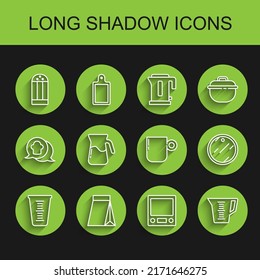 Set line Measuring cup, Bag of coffee beans, Salt, Electronic scales, Jug glass with water, Cutting board and Coffee icon. Vector