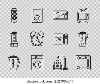 Definir linha Cálice de medição, Balanças de banheiro, Forno de micro-ondas, Lavadora, Alto-falante estéreo, Relógio despertador, Aspirador e ícone do liquidificador. Vetor