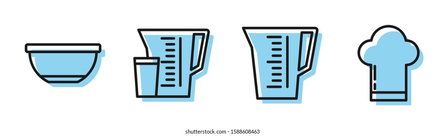 Set line Measuring cup, Bowl , Measuring cup and Chef hat  icon. Vector
