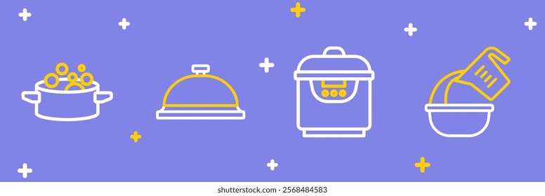 Set line Measuring cup and bowl, Slow cooker, Covered with tray of food and Cooking pot icon. Vector