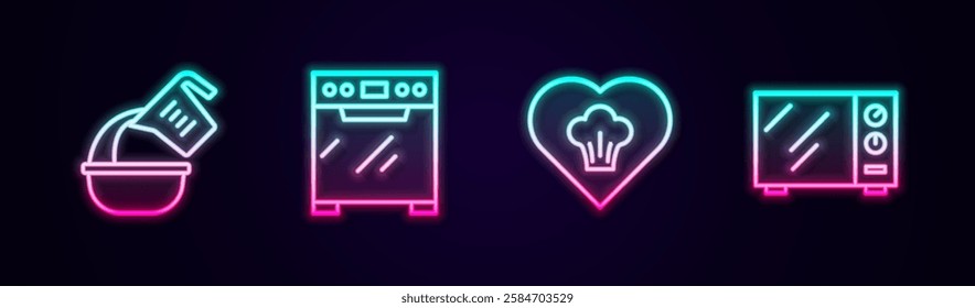 Set line Measuring cup and bowl, Oven, Chef hat and Microwave oven. Glowing neon icon. Vector