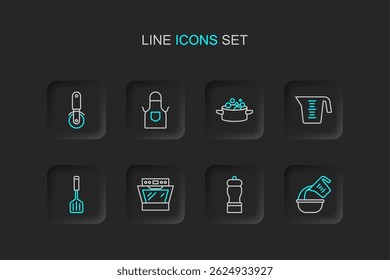 Set line Measuring cup and bowl, Pepper, Oven, Spatula, Cooking pot, Kitchen apron and Pizza knife icon. Vector