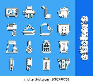 Set line Measuring cup, Chef hat with location, Kitchen ladle, Covered tray of food, Electric mixer, Microwave oven and Oven glove icon. Vector