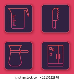 Set line Measuring cup, Coffee turk, Bread knife and Refrigerator. Blue square button. Vector