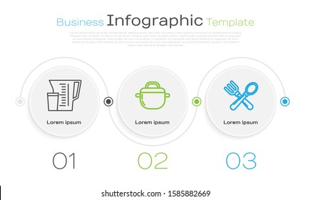 Set line Measuring cup, Cooking pot  and Crossed fork and spoon . Business infographic template. Vector