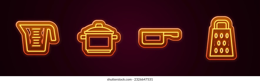 Set line Measuring cup, Cooking pot, Frying pan and Grater. Glowing neon icon. Vector