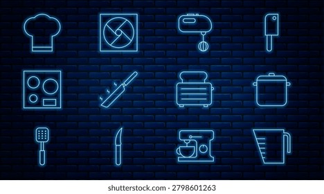 Set line Measuring cup, Cooking pot, Electric mixer, Frying pan, stove, Chef hat, Toaster with toasts and Ventilation icon. Vector