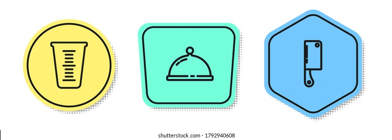 Set line Measuring cup, Covered with tray of food and Meat chopper. Colored shapes. Vector