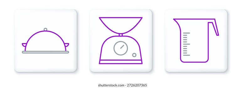 Set line Measuring cup, Covered with tray of food and Scales icon. Vector