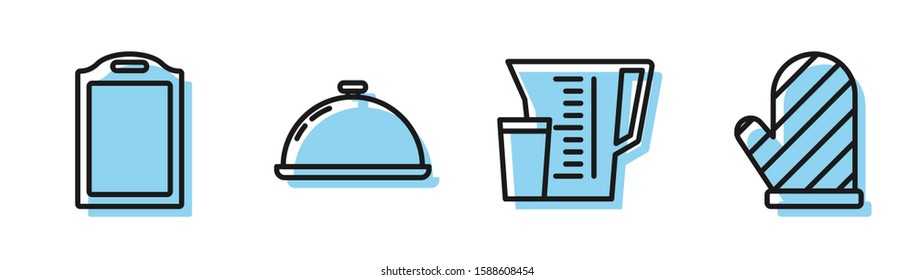 Set line Measuring cup, Cutting board , Covered with a tray of food  and Oven glove  icon. Vector