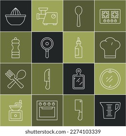 Set line Measuring cup, Cutting board, Chef hat, Spoon, Frying pan, Pepper, Citrus fruit juicer and Bottle of olive oil icon. Vector