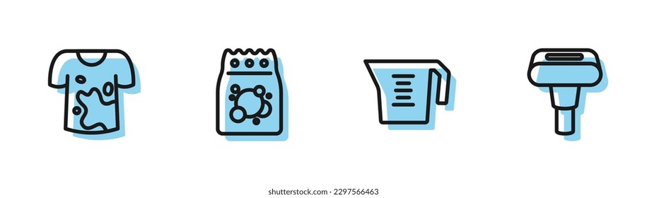 Set line Measuring cup, Dirty t-shirt, Laundry detergent and Garment steamer icon. Vector