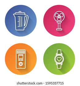 Set line Measuring cup, Electric fan , Remote control and Smart watch showing heart beat rate . Color circle button. Vector