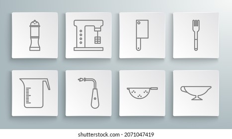 Set line Measuring cup, Electric mixer, Long electric lighter, Kitchen colander, Sauce boat, Meat chopper, Fork and Pepper icon. Vector