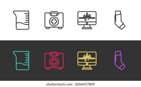 Set line Measuring cup, First aid kit, Monitor with cardiogram and Inhaler on black and white. Vector