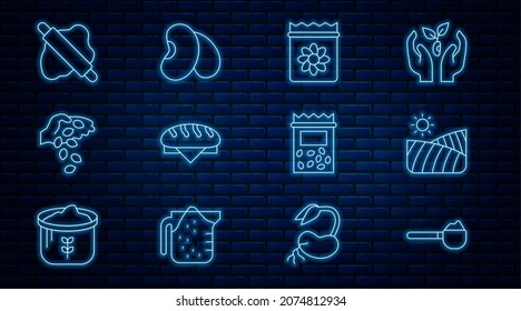 Fijar la línea Cubo de medición con harina, Campo de trigo agrícola, Envase lleno de semillas de planta, Pan de pan, Semilla, Pomo rodante en masa e icono de judías. Vector