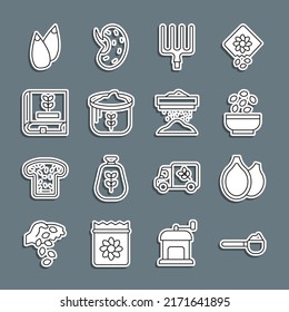 Fijar la línea de la taza de medición con harina, semillas de calabaza, tazón de semillas, horquilla de jardinería, Bolsa de, Libro sobre, e icono de tamizado. Vector