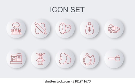 Set line Measuring cup with flour, Farm house, Coffee beans, Pumpkin seeds, Plant sprouts grow the rain, Rolling pin on dough, Windmill and Beans icon. Vector
