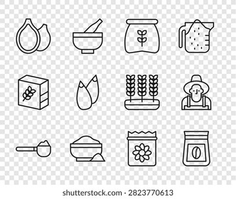 Set line Measuring cup with flour, Bag of coffee beans, Flour bowl, Pumpkin seeds, Seed, Pack full plant and Farmer the hat icon. Vector