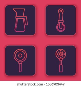 Set line Measuring cup, Frying pan , Pizza knife  and Spatula . Blue square button. Vector