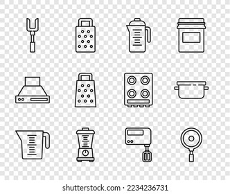 Fijar la línea de la taza de medición, la sartén, la tetera, la horquilla de barbacoa, el grater, el mezclador eléctrico y el icono de cocina. Vector