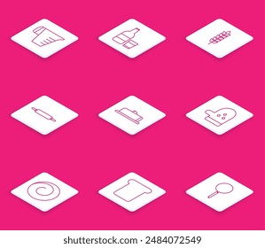 Set line Measuring cup, Glass bottle with milk and glass, Cereals rice, wheat, corn, oats, rye, Rolling pin, Strawberry cheesecake slice, Oven glove, bun cinnamon and Bread toast icon. Vector