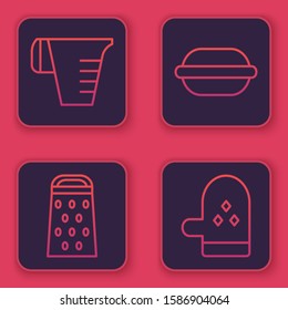 Set line Measuring cup, Grater , Macaron cookie  and Oven glove . Blue square button. Vector