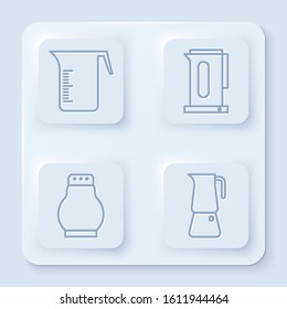 Set line Measuring cup, Kettle with handle, Salt and pepper and Moka pot. White square button. Vector