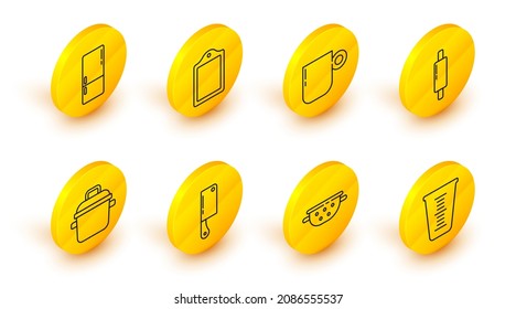 Set line Measuring cup, Kitchen colander, Meat chopper, Cooking pot, Rolling pin, Coffee, Cutting board and Refrigerator icon. Vector