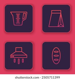 Set line Measuring cup, Kitchen extractor fan, Bag of coffee beans and Bread loaf. Blue square button. Vector