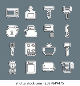 Set line Measuring cup, Kitchen hammer, Blender, Wine corkscrew, Kettle with handle, Coffee pot, Microwave oven and Electric mixer icon. Vector