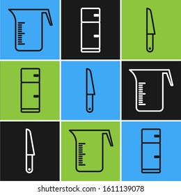 Set line Measuring cup, Knife and Refrigerator icon. Vector