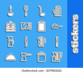 Set line Measuring cup, Knife, Frying pan, Kitchen ladle, Microwave oven, Salt and pepper,  and Cutting board icon. Vector