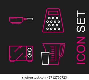 Set line Taza de medición, horno de microondas, rallador y sartén icono. Vector
