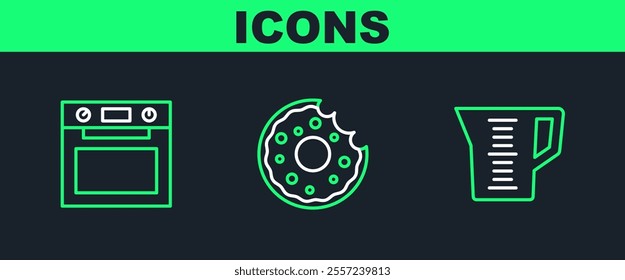 Set line Measuring cup, Oven and Donut icon. Vector