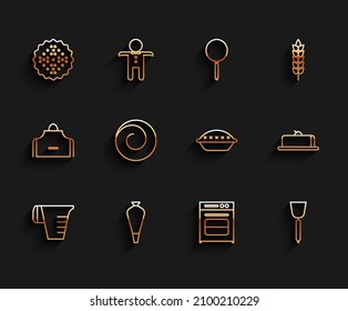 Set line Measuring cup, Pastry bag for decorate cakes, Cracker biscuit, Oven, Spatula, Roll bun with cinnamon, Strawberry cheesecake slice and Homemade pie icon. Vector