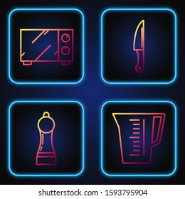 Set line Measuring cup, Pepper , Microwave oven  and Knife . Gradient color icons. Vector