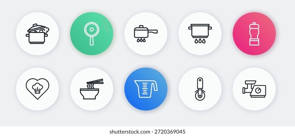 Taza de medición, pimienta, sombrero de chef, cuchillo de pizza, olla de cocina en el fuego, molinillo de carne de cocina e icono de tazón de fideos asiáticos. Vector
