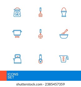Set line Measuring cup, Pizza knife, Kettle with handle, Cooking whisk bowl, pot on fire, Spatula, Chicken egg stand and  icon. Vector