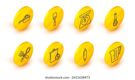Set line Measuring cup, Rolling pin, Cooking pot and kitchen timer, Crossed fork spoon, Pizza knife, Scales, Spatula and Frying pan icon. Vector