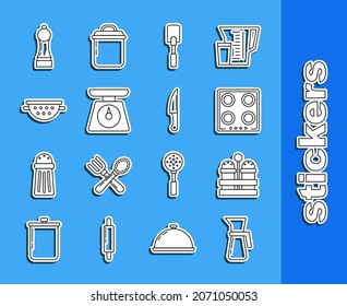Set line Measuring cup, Salt and pepper, Gas stove, Spatula, Scales, Kitchen colander, Pepper and Knife icon. Vector