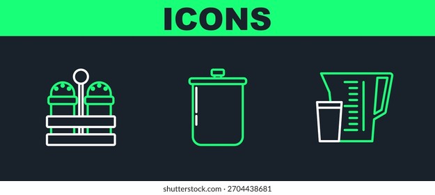 Set Linie Messbecher, Salz und Pfeffer und Kochtopf Symbol. Vektorgrafik