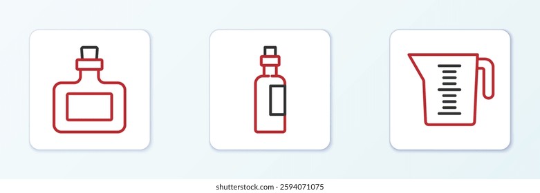 Set line Measuring cup, Sauce bottle and Bottle of olive oil icon. Vector