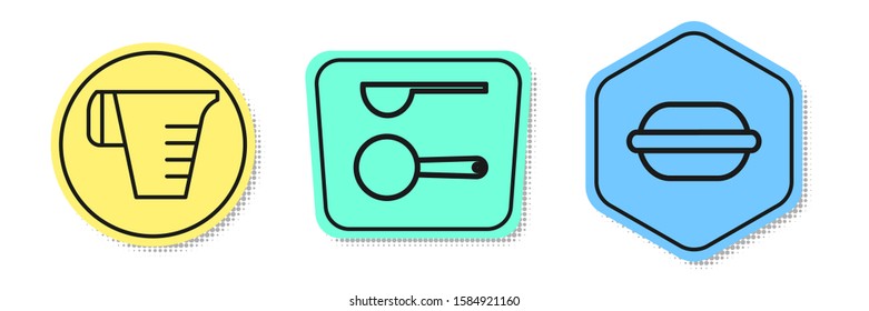 Set line Measuring cup, Measuring spoon  and Macaron cookie . Colored shapes. Vector