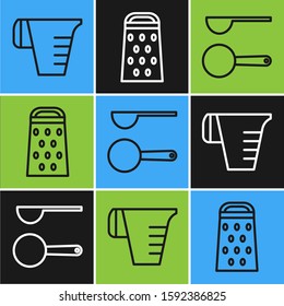 Set line Measuring cup, Measuring spoon  and Grater  icon. Vector