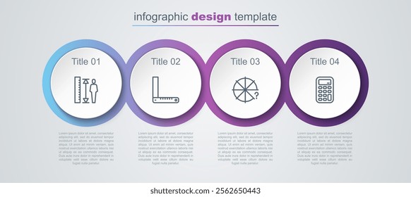 Set line Measuring height body, Corner ruler, Circle of pieces and Calculator. Business infographic template. Vector